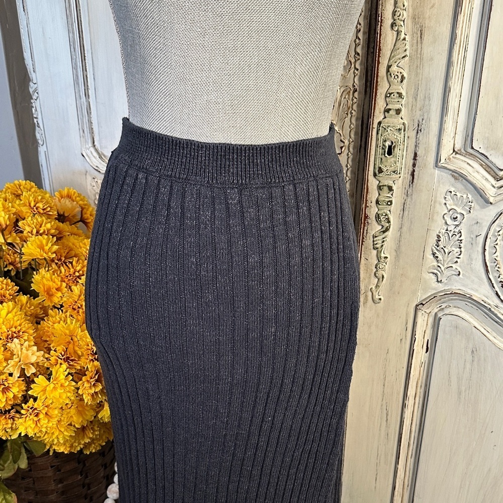 Free People Better Days Grayed Blue Elegant Ribbed Knit Maxi Skirt / Deep Slit - Picture 3 of 11
